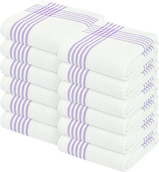 Waffle White & Lavender Kitchen Dish Towels 12 Pack, 100% Cotton, 16"x26", Thick Hand Towel for Drying Dishes, Quick Dry Washcloths, Perfect for Bar, Cooking, Serving, Cleaning