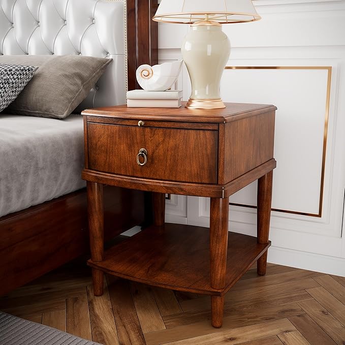 2-Set Traditional Wood End Table with Drawer and Storage Shelf, Hardwood Beside Table with Pull-Out Divider, Modern Vintage Sofa Chair Side Table Nightstand for Living Room Bedroom, Cherry Brown