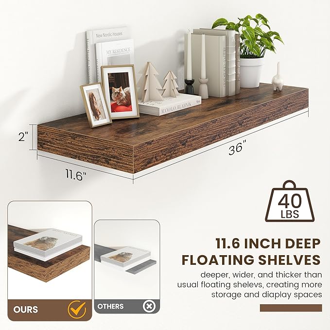 12 Inch Deep Floating Shelves | 36 Inch Brown Floating Shelves | 36" W x 12" D Rustic Wood Shelves for Wall | Deep Brown Shelves for Living Room Bathroom Laundry Room Kitchen