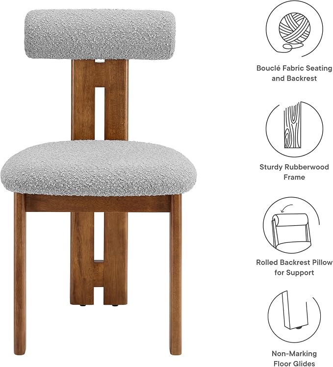 Modway Torian Upholstered Boucle Dining Chairs Set of 2 in Walnut Light Gray - 3-Legged Farmhouse Kitchen Chairs - Mid-Century Modern Armless Accent Chairs - Comfortable Side Chairs with Wood Legs