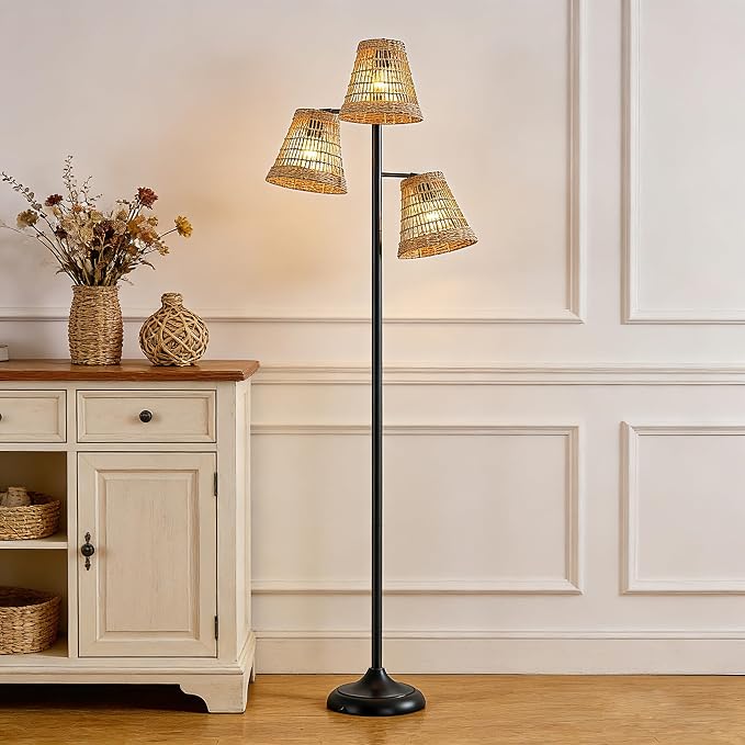 Maxax 72" Boho Rattan Floor Lamp for Living Room, 3-Lights Tree Floor Lamps, Tree Farmhouse Industrial Black Standing Lamp with Woven Shade for Bedroom, House