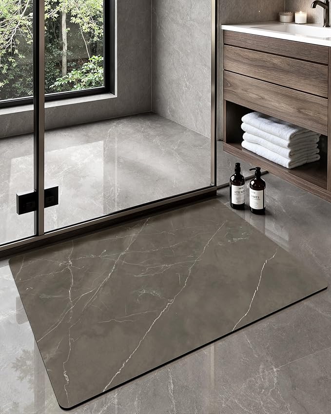 Color&Geometry Ultra Thin Bath Mat, Non Slip Quick Dry Rugs, Absorbent Marble Bathmat, 16"x24",Washable Rubber Mats for Shower Floor, in Front of Bathtub, Bathroom Decor, Taupe Marble-Patterned