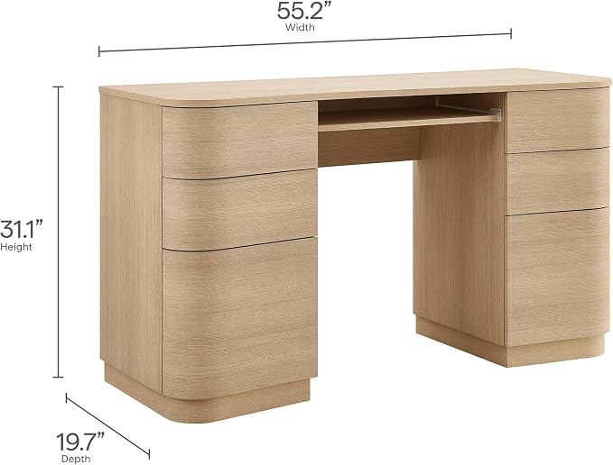 Modway Mirae 55 Inch Computer Desk with Drawers in Brushed Light Oak – Modern Compact Office Desk with Keyboard Tray, Curved Edges, and 6 Storage Drawers for Bedroom, Dorm Room, or Vanity Setup