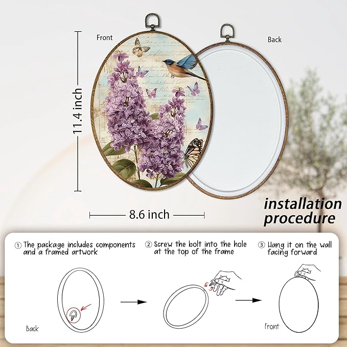 AEHIE Vintage Lilac Floral Bird Oval Wall Art Decor, Cottagecore Lilac Flower Butterfly Canvas Artwork Framed, Bird Floral Picture Oval Wall Art for Home Bedroom Living Room Decor, 11x8.5 Inches
