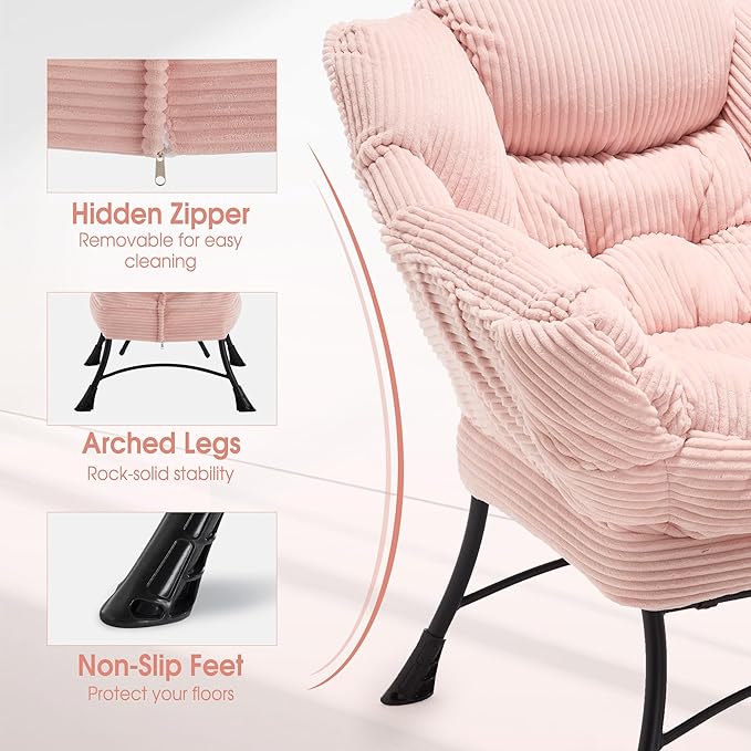 Lazy Chair with Ottoman, Comfy Lounge Chair for Reading, Relaxing, and Napping, Perfect for Living Room, Bedroom, or Office, Pink
