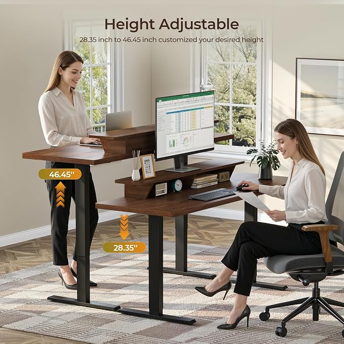 63 x 24 Inches Electric Standing Up Desk with Monitor Shelves,Height Adjustable Computer Desk from 28-46''with Memory Controller,Modern Home Office Desk for Work,Study,Walnut