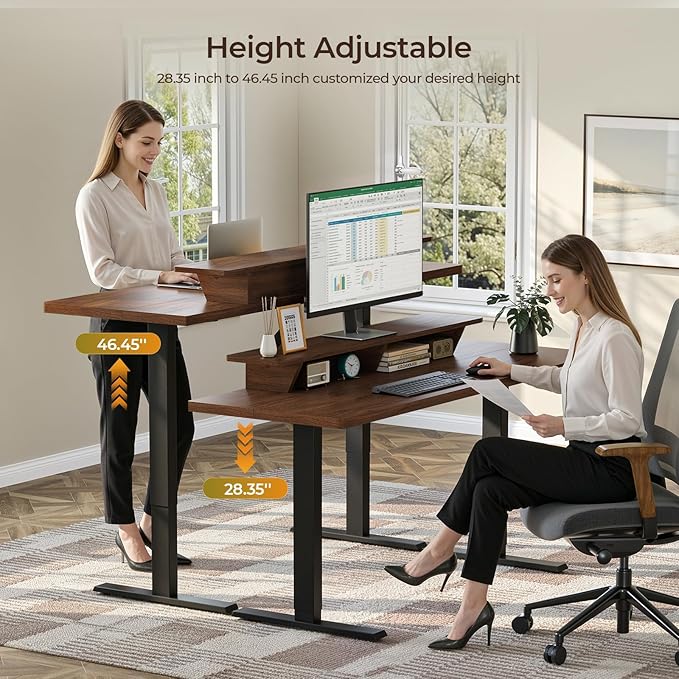 55 x 24 Inches Electric Standing Up Desk with Monitor Shelves,Height Adjustable Computer Desk from 28-46''with Memory Controller,Modern Home Office Desk for Work,Study,Walnut