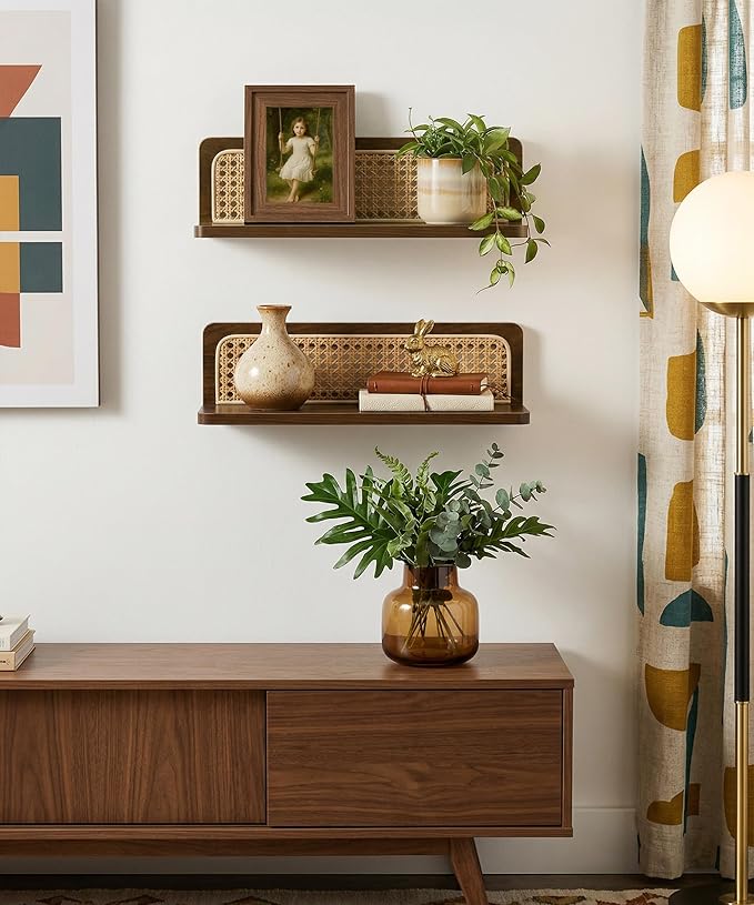 Rattan Wall Shelf Mid Century Modern Decor Floating Shelves Walnut Boho Wall Decor Decorative Shelving Home Decor Living Room Bedroom Coffee Bar Bathroom Plant Photo 16inch