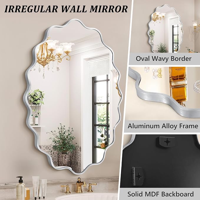 Oval Wavy Wall Mirror -Irregular Wall Mirror with Silver Asymmetrical Aluminum Alloy Frame,24"x36" Decorative Wall Mirrors for Bathroom, Bedroom, Living Room, Dining Room，Entryway