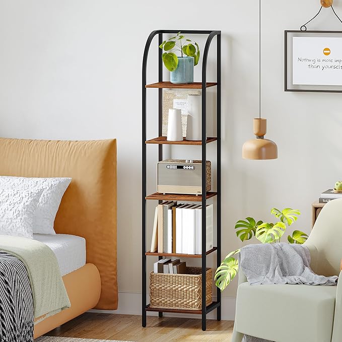 Hzuaneri Bookshelf Bookcase Narrow Bookcase Shelf Organizer with Steel Frame for Study Living Room Bedroom Kitchen Home Office Industrial Bookshelf 5-Tier Rustic Brown BC55001B