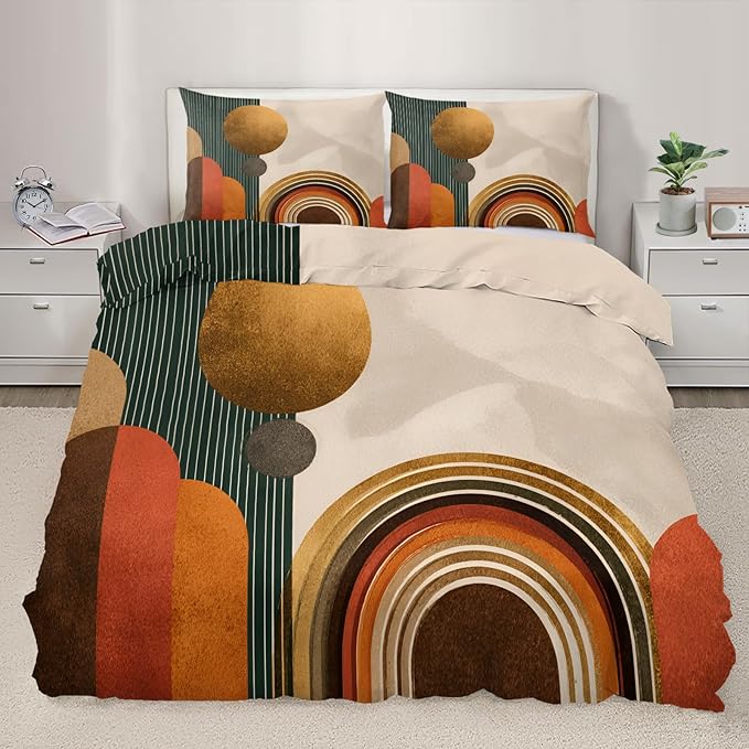 Mid Century Modern Duvet Cover King Size, Boho Abstract Geometric Line Bedding Set 3 Piece, Sun Boho Geometric Patterned Comforter Cover with Zipper Soft Microfiber, 2 Pillowcases