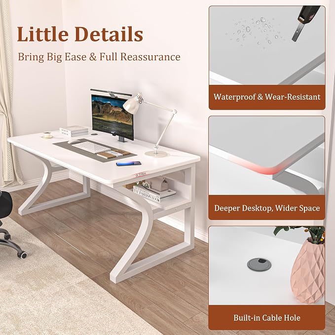 AZN Computer Desk, 47x24 in Computer Desk, Office Desk w/Storage & U-Size Metal Frame for Home Office Bedroom Gaming, Office Desk w/Water-Resistant, Scratchproof Surface, White