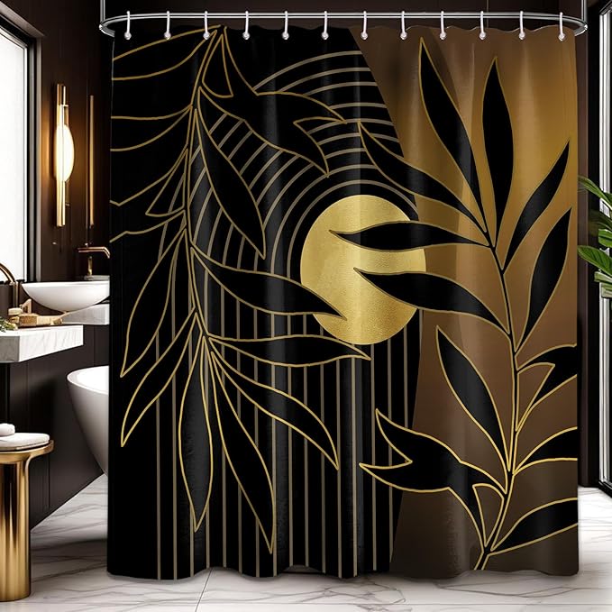 Black and Gold Boho Shower Curtain, Mid Century Modern Shower Curtains for Bathroom, Mens Bath Curtain Set, Waterproof Fabric with Hooks, 70" W x 72" L (Pack of 1)