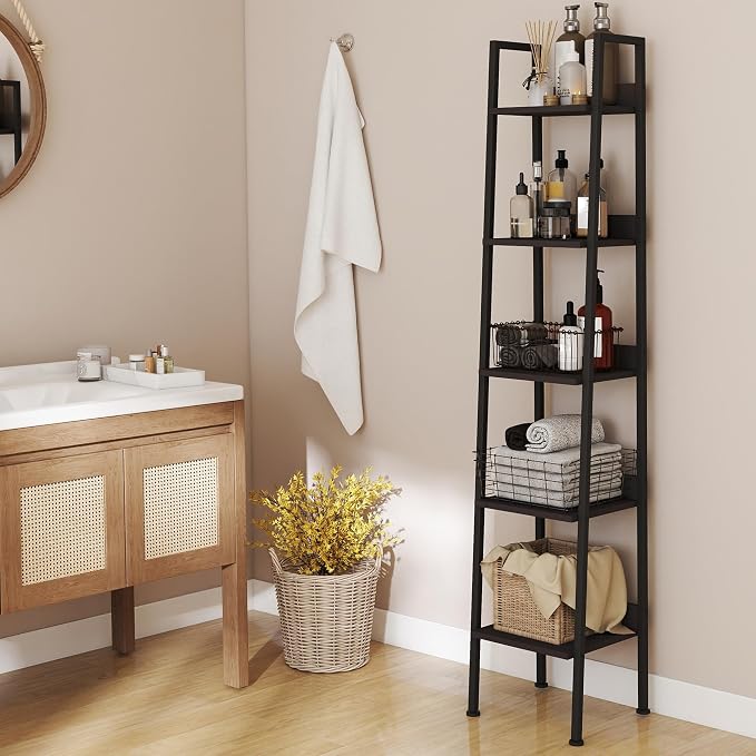 Ladder Shelf, 5 Tier Ladder Shelf, 13.5” Wide Tower Storage Shelf for Books, Anti Tip Feature, Steel Frame, Perfect for Bookshelf, Plants, Kitchen, Living Room, Office, Dark Gray