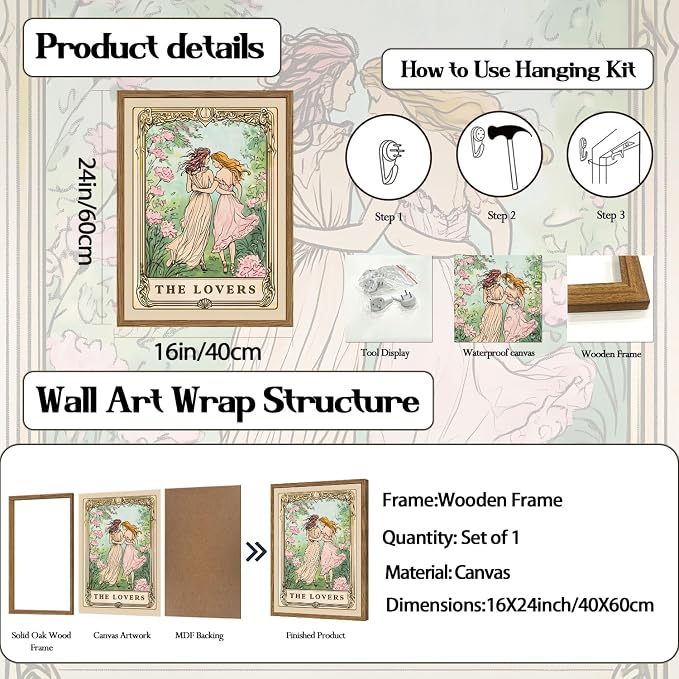 Trendy The Lovers Tarot Card Wall Art Vintage Girl Wall Decor Painting, Mid Century Couples Poster Canvas Print Picture for Living Room Bedroom 16x24 inch Wood Framed