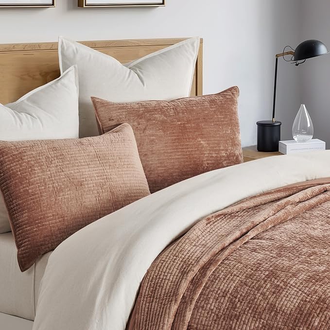 EverGrace Velvet Quilt Set Queen Size, Luxurious Soft Quilted Bedding Sets, Lightweight Velvet Comforter for All Season, Striped Channel Bedspread Coverlet with 2 Shams, Terracotta Clay