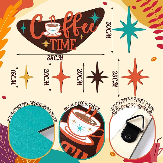 Amyhill 6 Pcs Mid Century Modern Decor Coffee Time Mcm Decor Retro Atomic Star Wall Art Sculpture, Wooden Colorful Star Wall Art Elegance Accents for Home Bar Office Room Hanging Decorations
