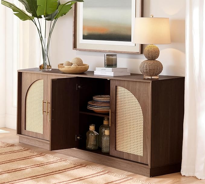 FORTUNETEC 63" Sideboard Buffet Cabinet with Storage, Modern Accent Cabinet with Rattan Arched Doors, Modular Media Console, Boho Credenza for Living Room Kitchen Dining Room Entryway, Walnut