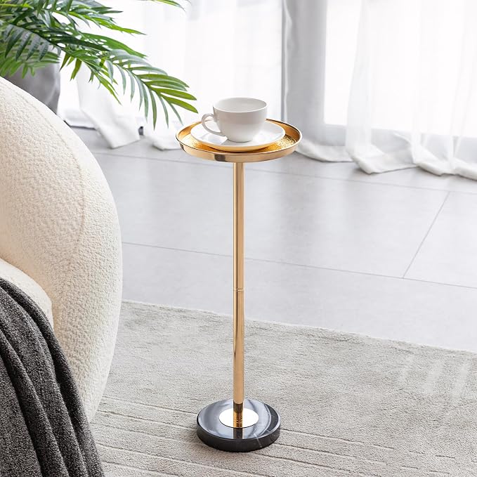Adjustable Side Table, Small Tea Martini Table, Gold, Natural Marble Decorative Pedestal End Table for Display and Storage (Gold+ Small)