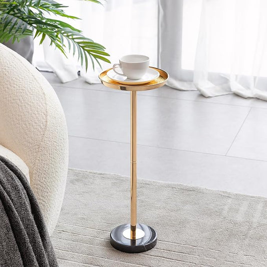Adjustable Side Table, Small Tea Martini Table, Gold, Natural Marble Decorative Pedestal End Table for Display and Storage (Gold+ Small)