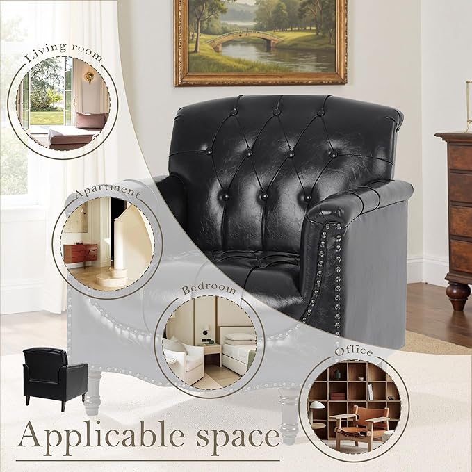 Pia Ricco Faux Leather Armchair Set of 2, Modern Accent Chairs with Nailhead Trim and Solid Wood Legs, Upholstered Comfort for Living Room, Office, Bedroom - Bule Black