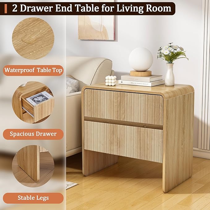 BERRYMERRY Flute 2 Drawer Dresser,Mid Century Modern Small Nightstand with 2 Drawer for Bedroom, Wood Side Table with Curved Profile for Living Room,Hallway,Enterrway