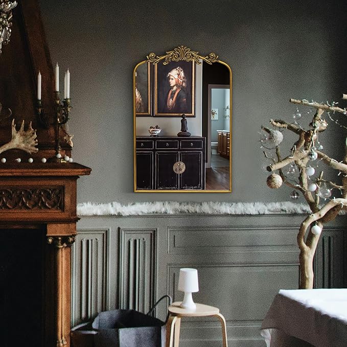 Gold Baroque Mirror Antique 24x35Inches - Vintage Arched Mirror with Ornate Gold Frame for Entryway, Narrow Hallway & Bathroom Wall Decor