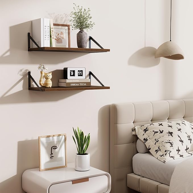 Deep Floating Shelves,24" Wx10 D Floating Shelf for Wall Set of 2,Hanging Storage Shelf with Metal Brackets,Wide Display Wall Shelves for Living Room,Bedroom,Bathroom,Kitchen,Walnut