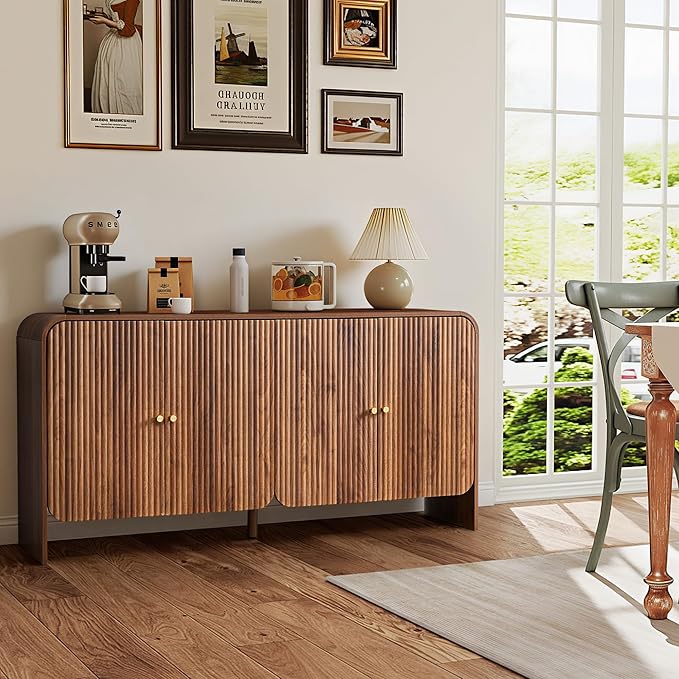 59” Large Buffets Sideboard Cabinet with Storage, Fluted Curved Credenza Buffet Table Storage Cabinet with 4 Doors, Modern Wood Accent Console Table Coffee Bar for Living Room Kitchen Hallway, Walnut