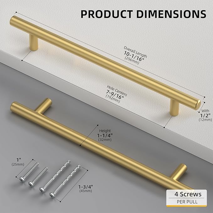Goldenwarm 2 Pack 7-1/2 inch Gold Cabinet Handles Brushed Gold Cabinet Pulls Stainless Steel Drawer Pulls, Durable Kitchen Cabinet Handles - Bathroom Bedroom Dresser Handles Easy DIY Upgrade
