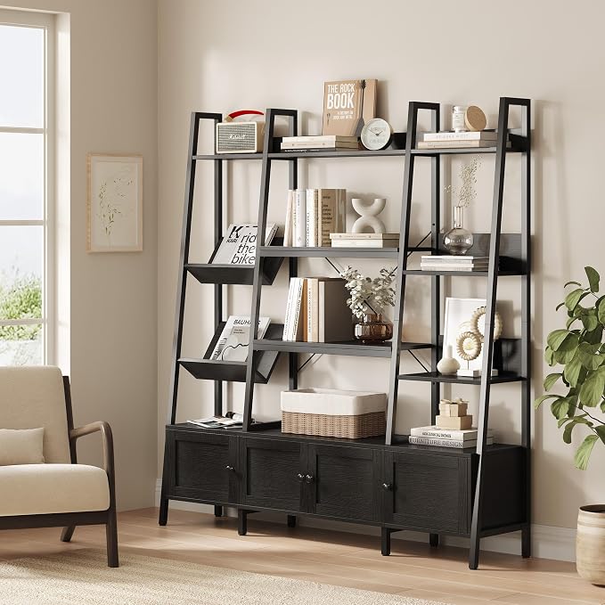 kepptory Large Ladder Bookshelf with 3 Storage Cabinets, Triple Wide 4-Tier Open Bookcase with Storage for Living Room, Bedroom, Home Office, Black