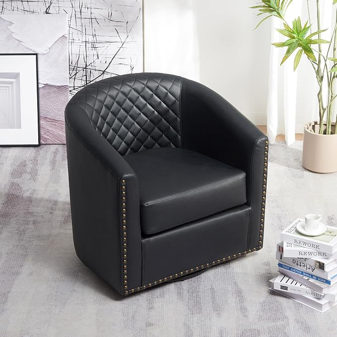 KINWELL 29" Wide Tufted Faux Leather Swivel Barrel Chair, PU Leather Modern Upholstered Accent Chairs with Nailhead Trim, Small Armchair for Living Room Bedroom, Black