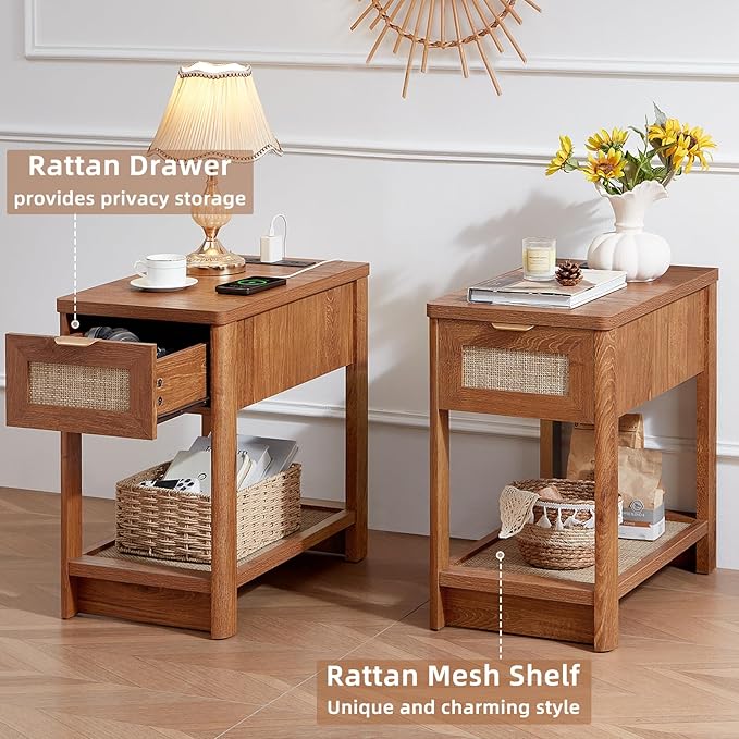 Lerliuo Narrow Night Stand Set of 2 with Charging Station, Boho Nightstand with Drawer, Bed Side End Table with Rattan Shelf for Small Spaces, Wood Nightstands Bedside Tables for Living Room Bedroom