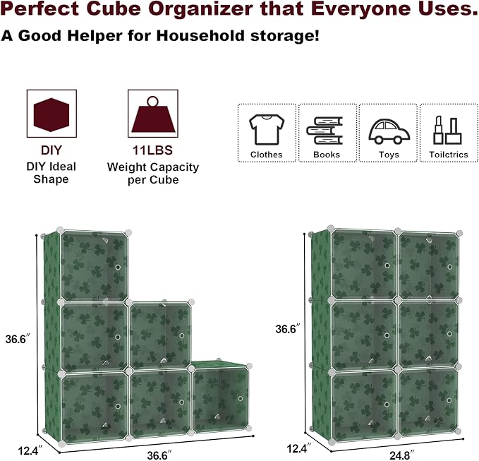 C&AHOME Cube Storage Organizer with Doors, 6-Cube Shelves, DIY Plastic Modular Bookshelf, Closet Clothes Storage Shelving Ideal for Bedroom, Living Room, Clover Embossed, Green