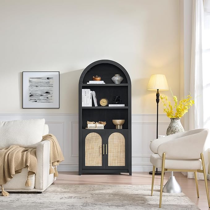 RowyPoey Rattan Arched Cabinet Bookshelf - 69.3” Tall Mid Century Display Cabinet, Rounded Bookcase with Rattan Doors, Open Shelf Storage for Dining Room (Black, 1 PC)