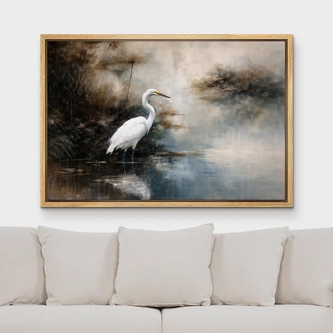 MUDECOR Framed Canvas Print Wall Art White Egret by Misty Waters Nature Landscape Illustrations Minimalism Decorative Bohemian Zen for Living Room, Bedroom, Office - 24"x36" NATURAL