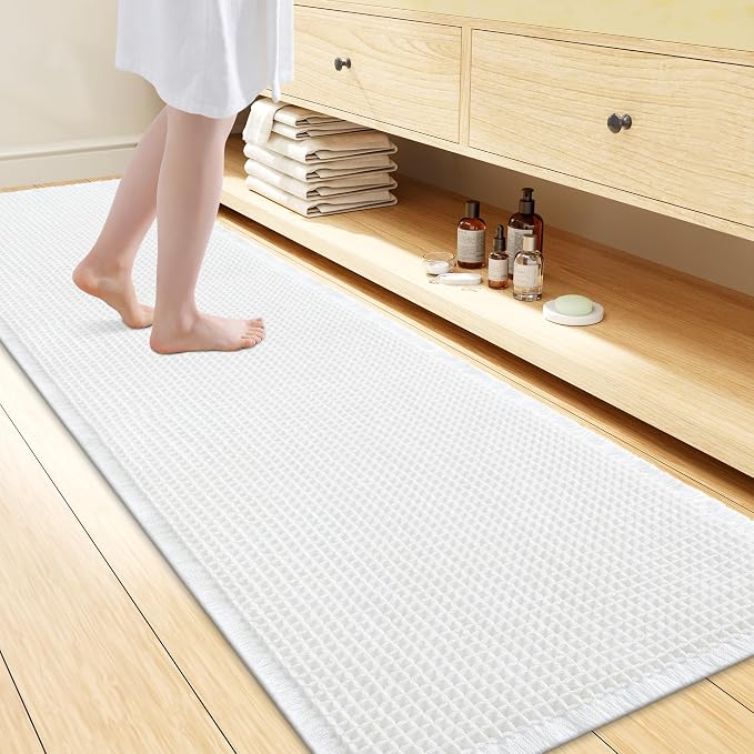 Smiry Waffle Bath Mat 72x24, Extra Soft Absorbent Bathroom Rugs, Non Slip Machine Washable Quick Dry Bath Rugs for Bathroom Floor, Tub, Shower, Home Decor Accessories, White