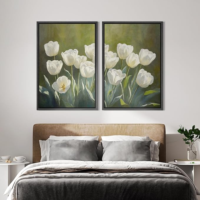 IDEA4WALL Framed Canvas Print Wall Art Set White Tulip Floral Botanical Bloom Illustrations Modern Art Decorative Bohemian Calm/Zen for Living Room, Bedroom, Office - 16"x24"x2 Black