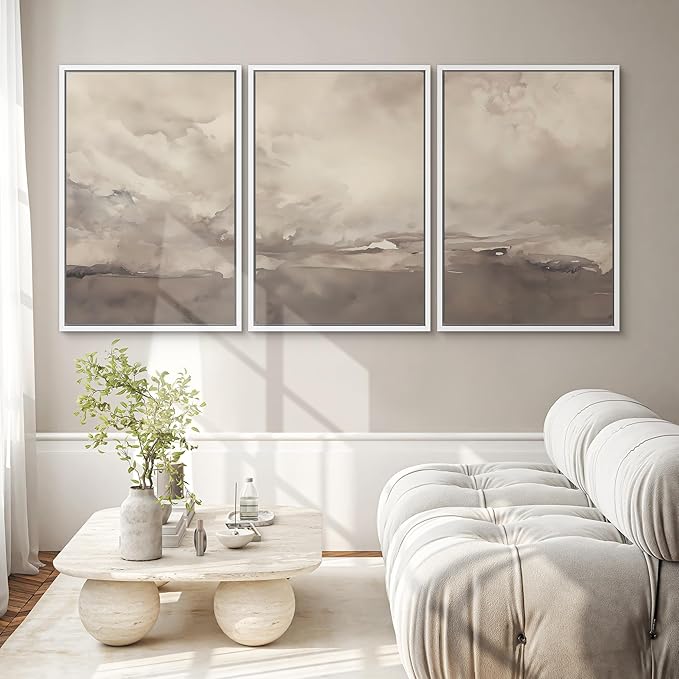 SIGNWIN Framed Canvas Print Wall Art Set Neutral Cloudy Sky Landscape Soft Beige and Taupe Illustrations Modern Art Decorative Boho Relax/Zen Nordic for Living Room, Bedroom, Office - 24"x36"x3 White
