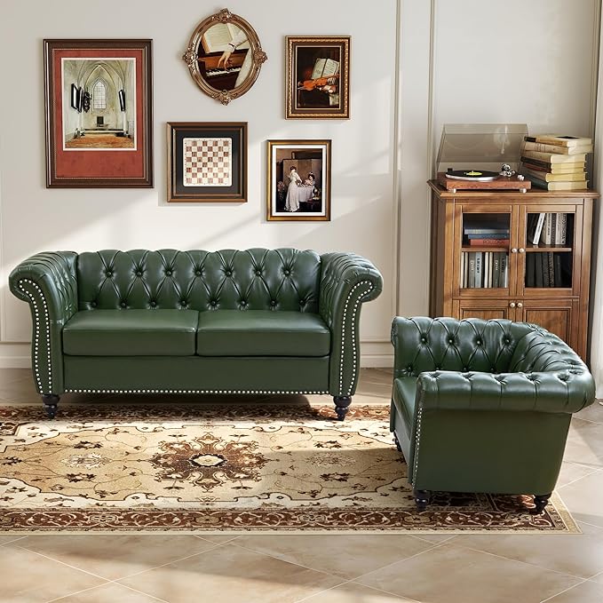 LEVNARY Chesterfield Loveseat, 2 Seater Tufted Couch for Living Room, Classic Button Tufted Upholstered Sofa, Modern Mid-Century PU Leather Loveseat (Green)