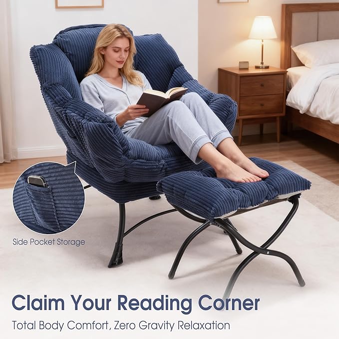 Lazy Chair with Ottoman, Comfy Lounge Chair for Reading, Relaxing, and Napping, Perfect for Living Room, Bedroom, or Office, Navy