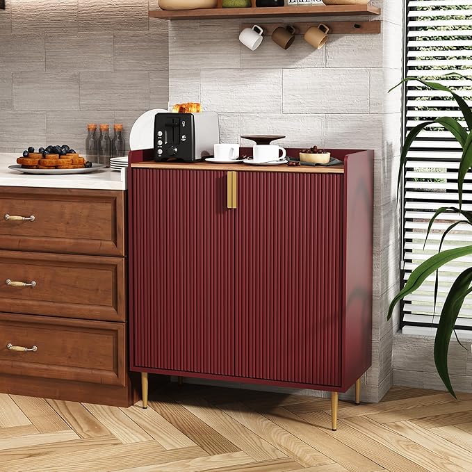 ARTPOWER Coffee Bar Cabinet with Wine Racks, Red Liquor Cabinet with Fluted Texture, Modern Sideboard Buffet Cabinet for Kitchen Dining Room, Living Room
