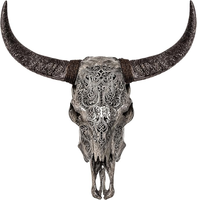 Skull Bliss - Hand-Carved Real Authentic Taxidermy Cow Skull/Bull Skull Wall Decor with Horns/Real Animal Cow Skull Wall Decor (Hand-Carved Horns)