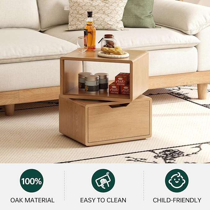360° Rotatable Oak Nightstand with Drawer, Mid Century Modern Nightstands, Solid Wood Night Stand with Open Shelf, Small Oak Bedside Tables for Small Spaces, Bedroom(Natural, 18.43" H)