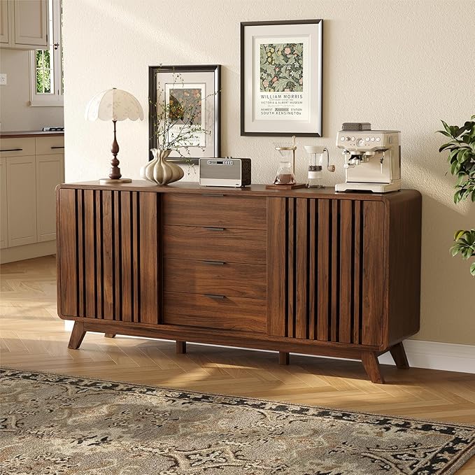 ONBRILL Sideboard Buffet Cabinet with Storage, Fluted Buffet Cabinet with Sliding Doors & 4 Drawers, Mid Century Modern Coffee Bar Wine Bar Credenza for Living Room, Kitchen (Walnut)