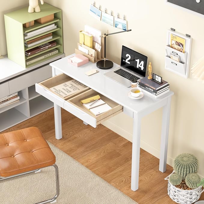 Solid Wooden Desk with Drawers - 39 x 16 Inch Simple Narrow Desks, Rubber Wood Study Table, Small Writing Desk for Bedroom|Small Spaces - White Modern Desks