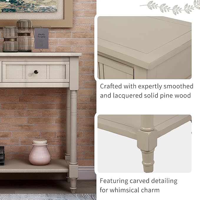 35.43” Entry Console Table with Drawers & Bottom Open Shelf, Solid Wood Sofa Couch Table for Entryway Living Room, Save Space, Retro Grey