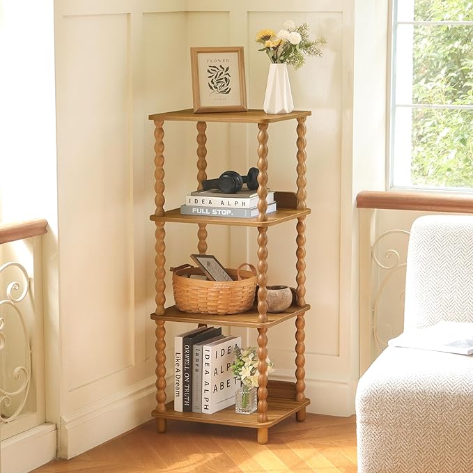 Fultyle Bookshelf, 4-Tier Bookcase with Open Shelves, Vintage Book Shelf for Small Spaces, Bedroom, Living Room and Office with Solid Wood Legs (Caramel Tan)