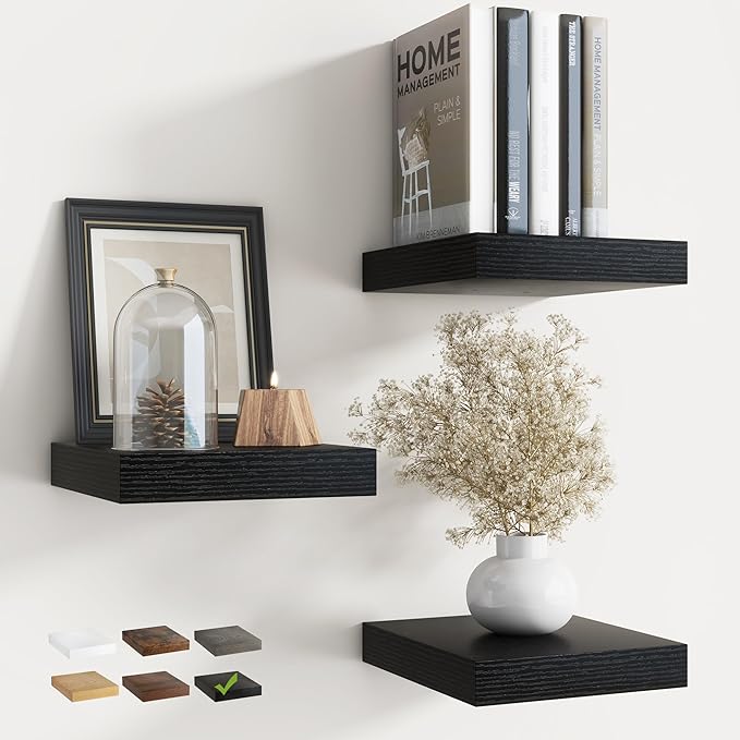 Floating Shelves for Wall with Invisible Brackets, Wall Mounted Engineered Wood Shelves with Wood Grain for Living Room, Bedroom, Bathroom, Kitchen Decor and Storage, Oak, 8"L Set of 3, Black