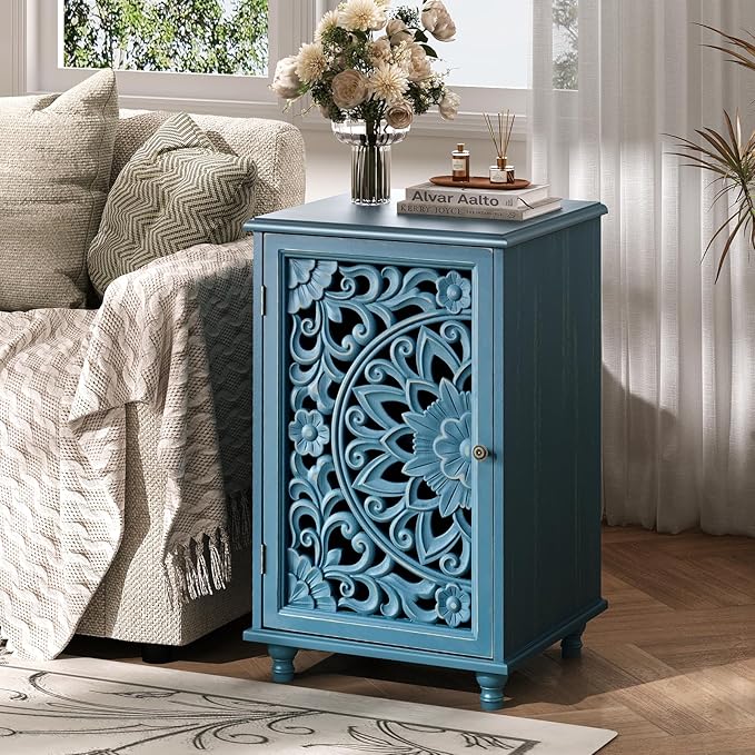 JOINICE Small Accent Cabinet with Carved Mandala Door, Blue Storage Cabinet with Solid Wood Legs & Adjustable Shelf, Boho Distressed End Table for Living Room, Bedroom, Entryway Side Table